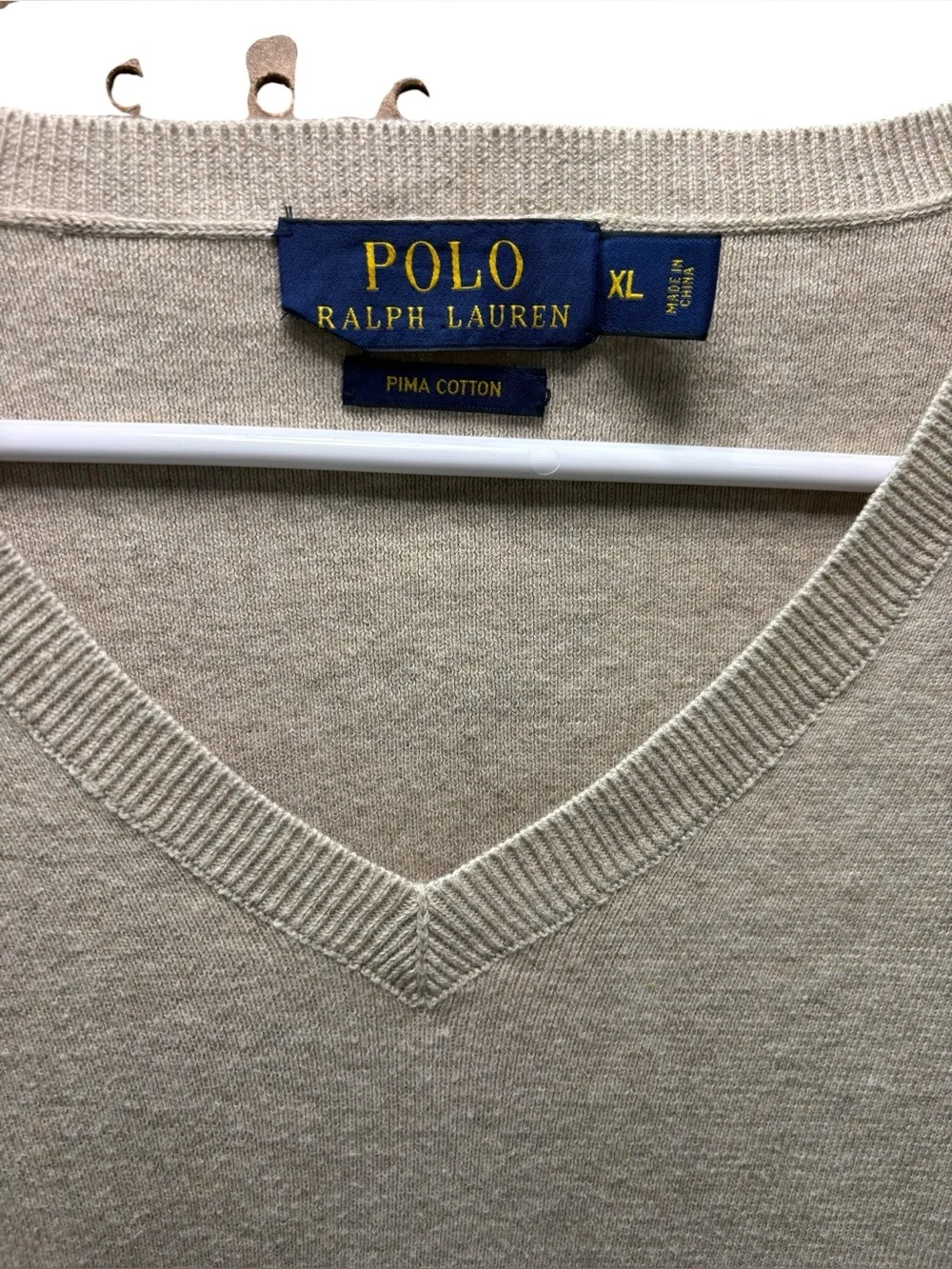 Polo by Ralph Lauren Men's V-Neck Sweater in Light Beige‎ Blue Logo Size XL