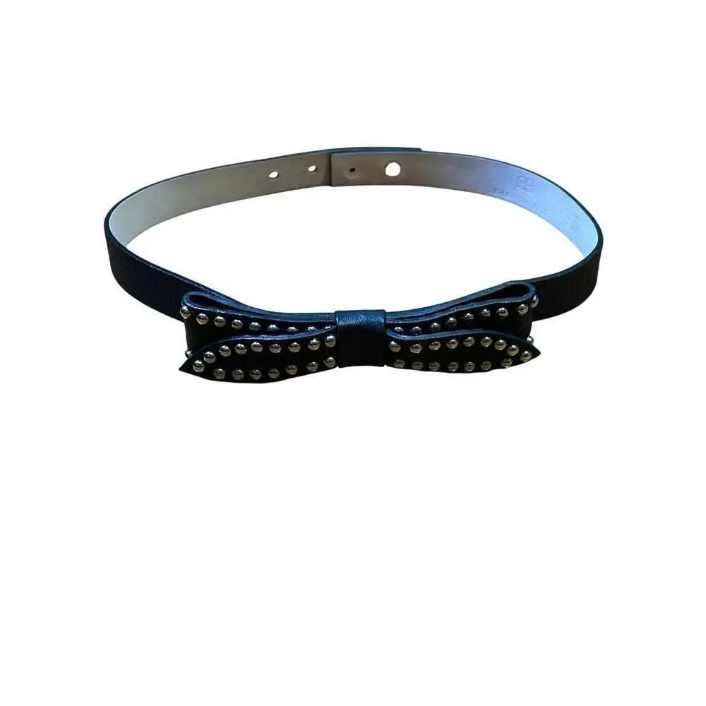 B-LOW THE BELT Black Leather Studded Bow Waistband Belt Size XS‎