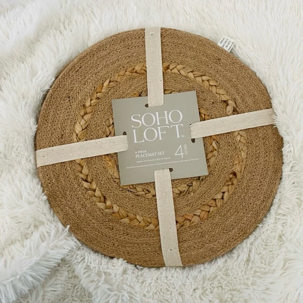 Soho Loft Jute 15” round placemats set of four NWT Boho Farmhouse
