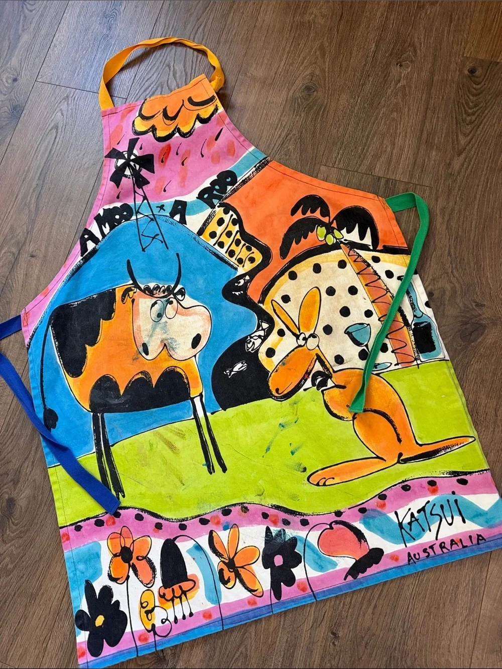 Vintage Katsui Australia Whimsical Hand painted/hand printed Collectible Apron