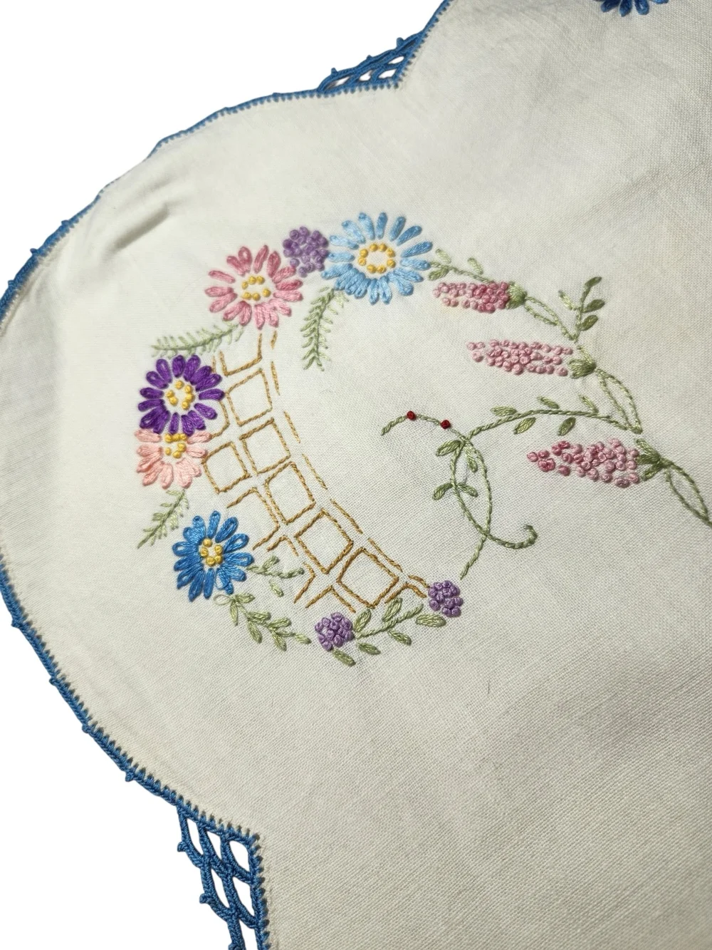 Vintage Hand Embroidered Linen Table Runner Dresser Scalloped Edge Blue Pink