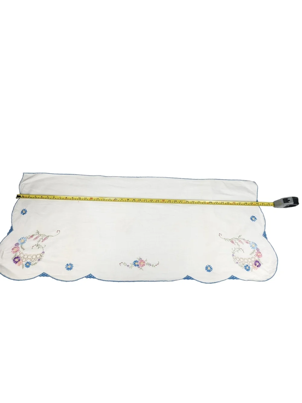 Vintage Hand Embroidered Linen Table Runner Dresser Scalloped Edge Blue Pink