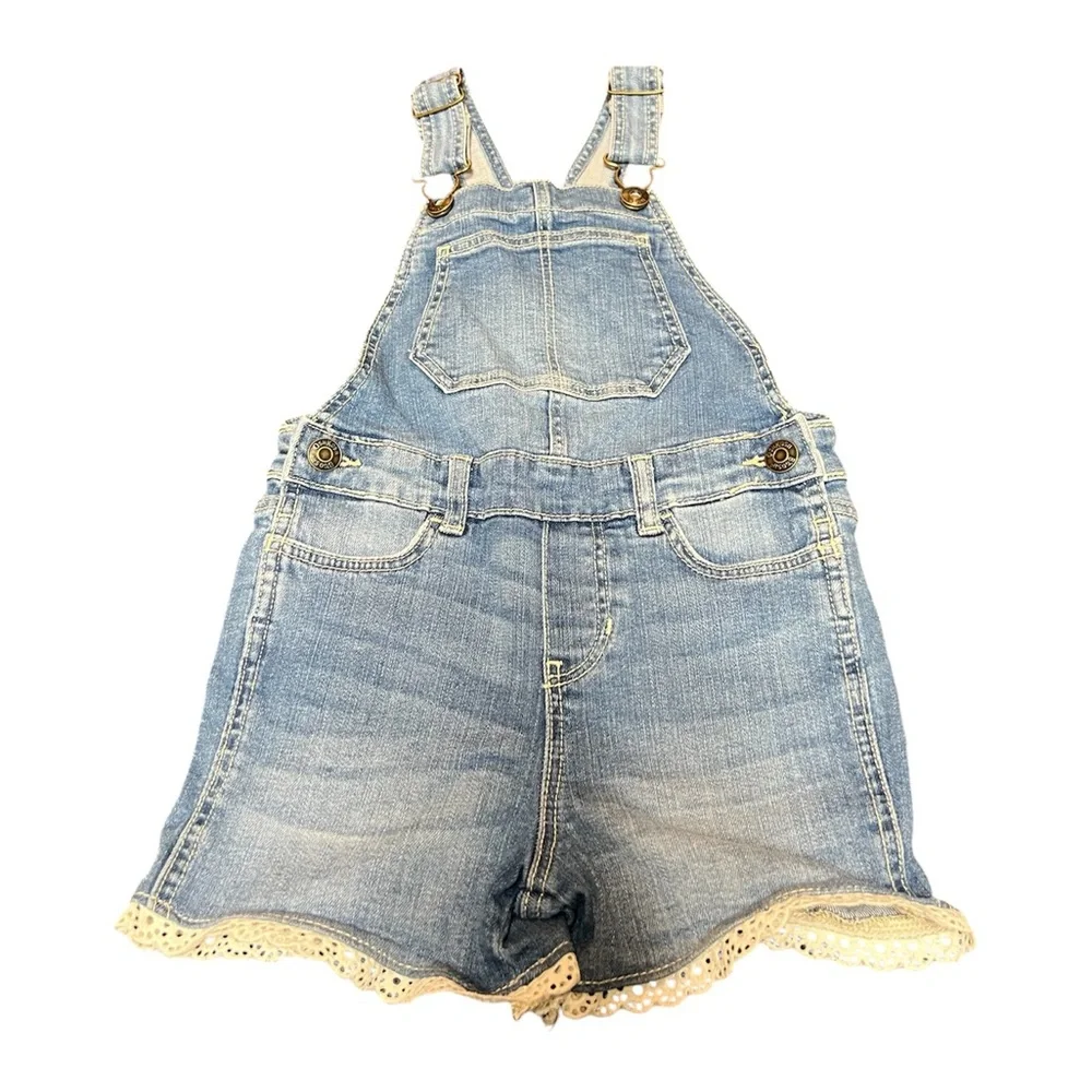 LIKE NEW - OshKosh B’Gosh Girl’s Denim Short Overalls - Size 4T, White Eyelet