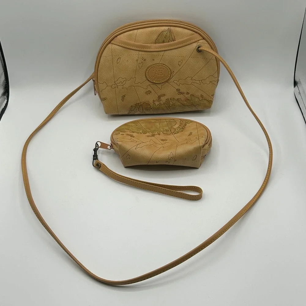 Allan Edward Vintage World Map Crossbody Bag Wristlet Set Tan Travel Neutral