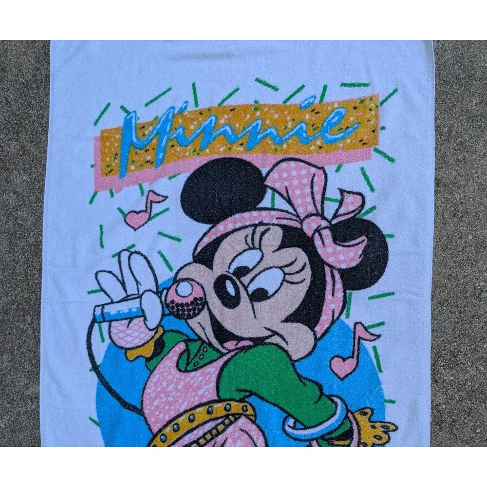 Disney Minnie Mouse 1980s Vintage Beach Towel Franco Tag Mousercise Rare Cotton