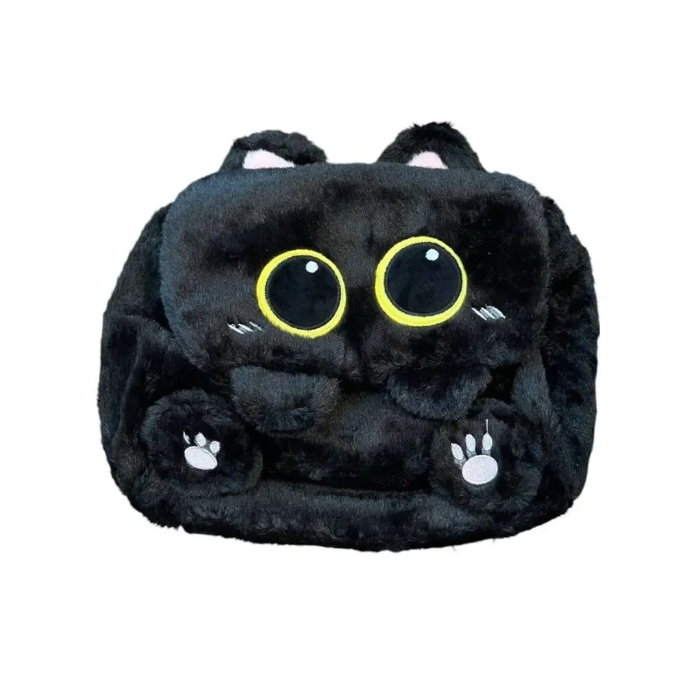 Faux Fur Plush Black Kitty Cat Backpack Stuffed Animal Bag Cute Girls Purse New
