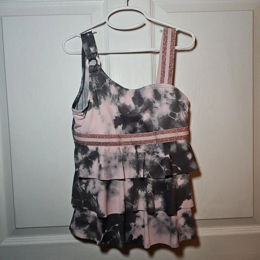 Justice Girls Pink Gray 2 Piece Bathing Suit Tankini 14