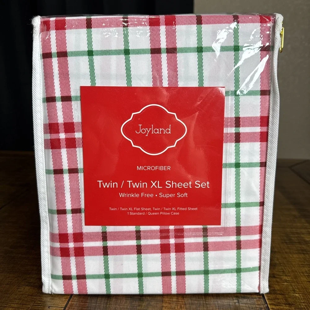 JOYLAND‎ Twin/Twin XL  Sheet Set Christmas Plaid Red White Green Microfiber NEW