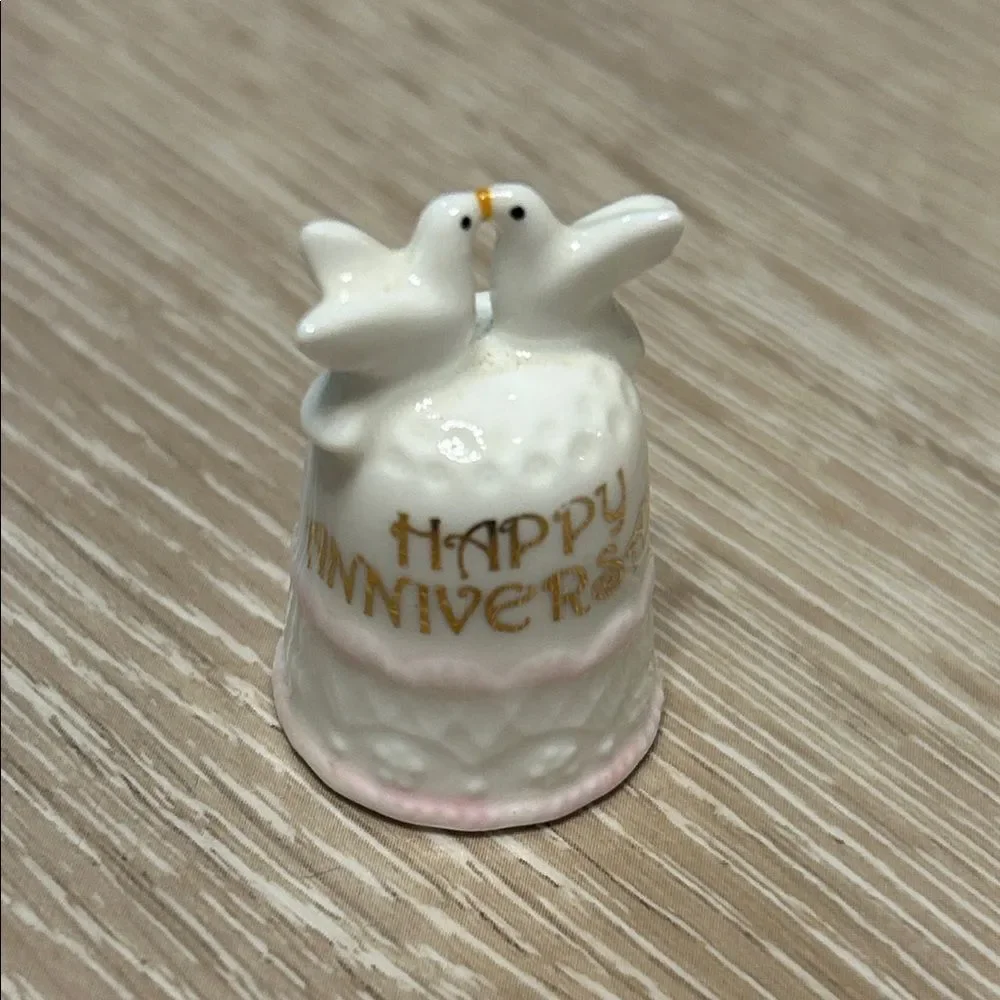 Enesco Happy Anniversary Porcelain Thimble with Doves - White and Pink 1.5in