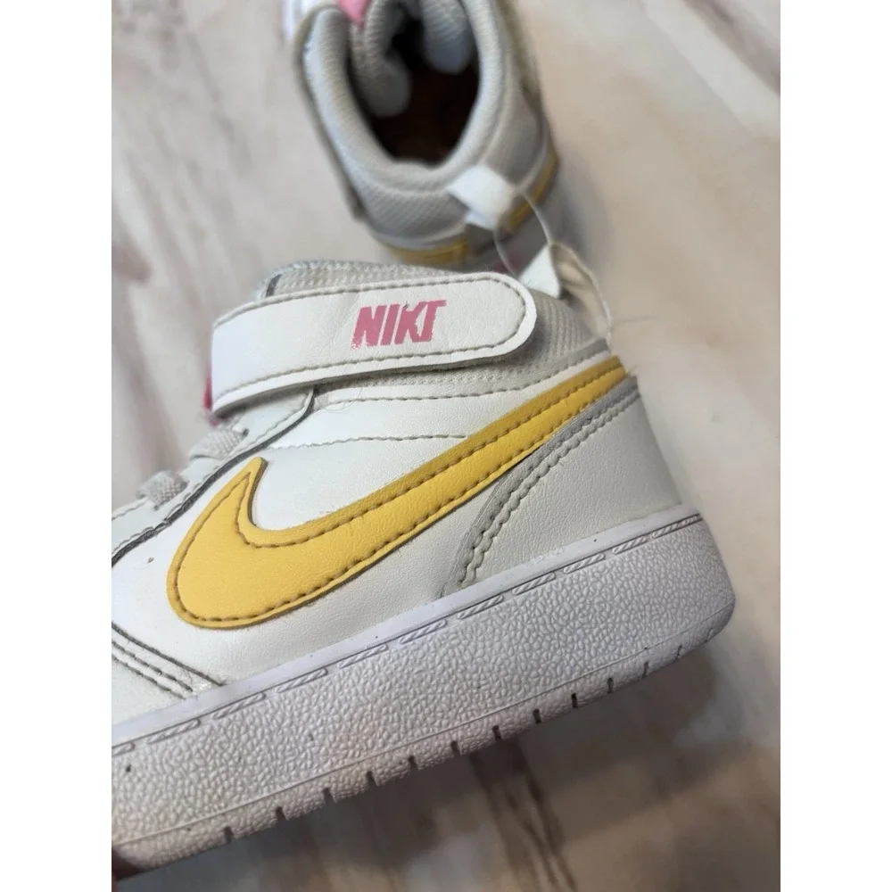 Nike Court Borough Mid 2 Girls shoes in white with gold and pink‎ accents 9.5C