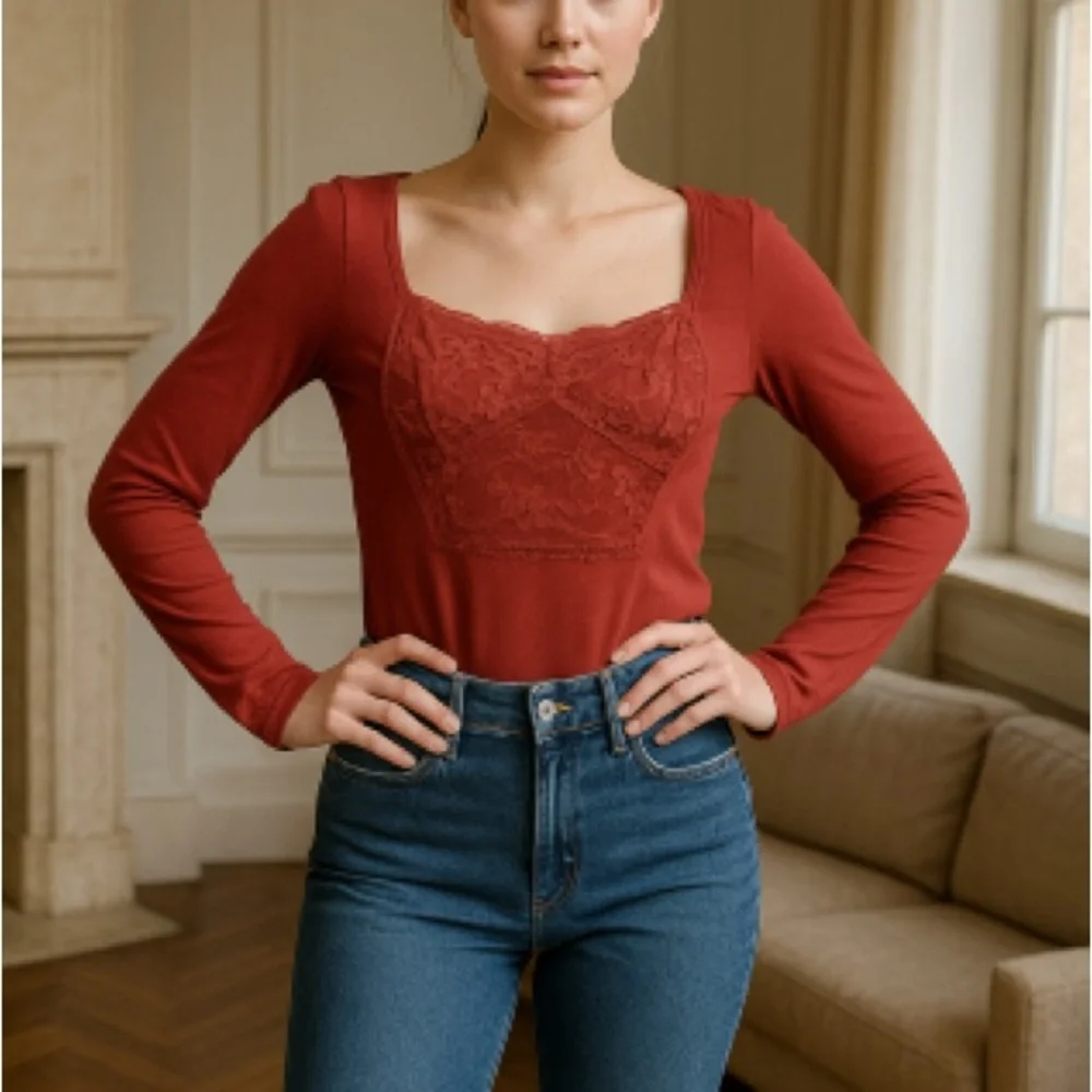 NWT Free People Long Sleeve Lace Trim Blouse in Rose‎ Size Small