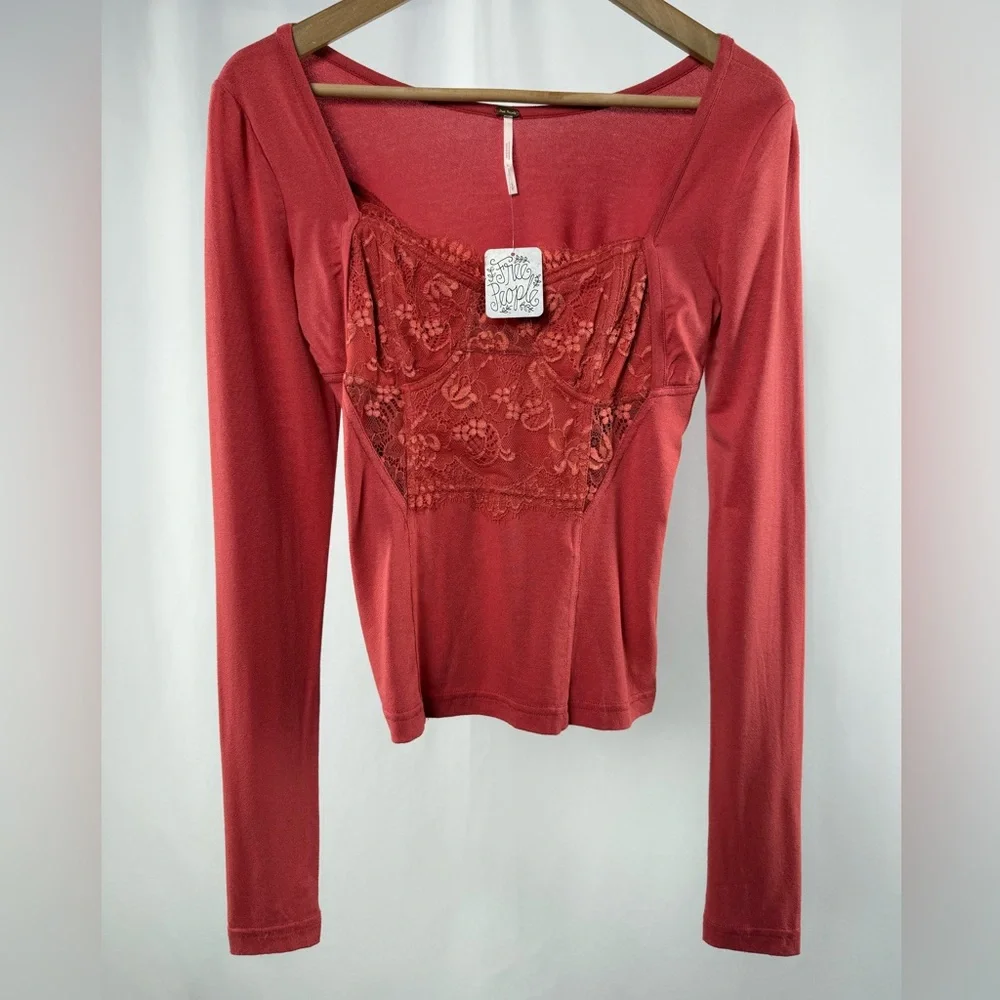 NWT Free People Long Sleeve Lace Trim Blouse in Rose‎ Size Small