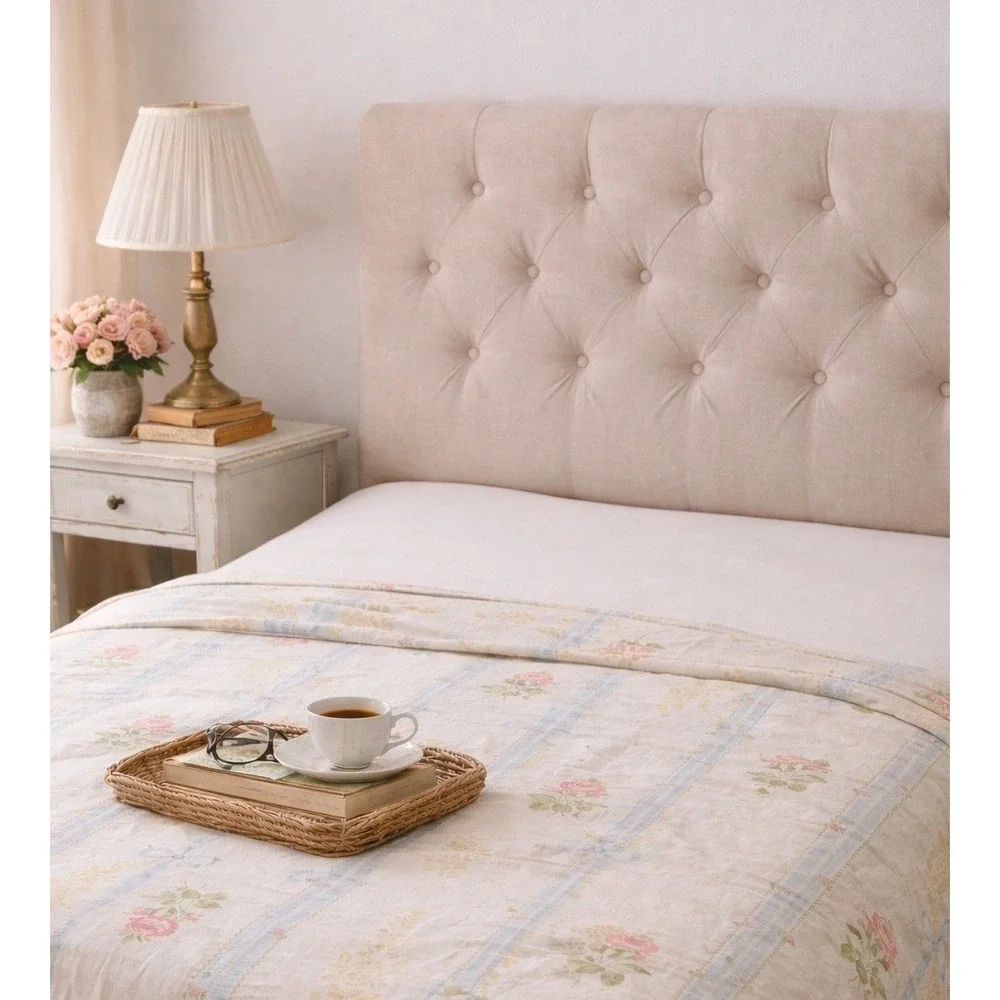 Vintage Cottagecore Full Flat Sheet Pink Roses Blue Bows‎ Eyelet Lace Trim White