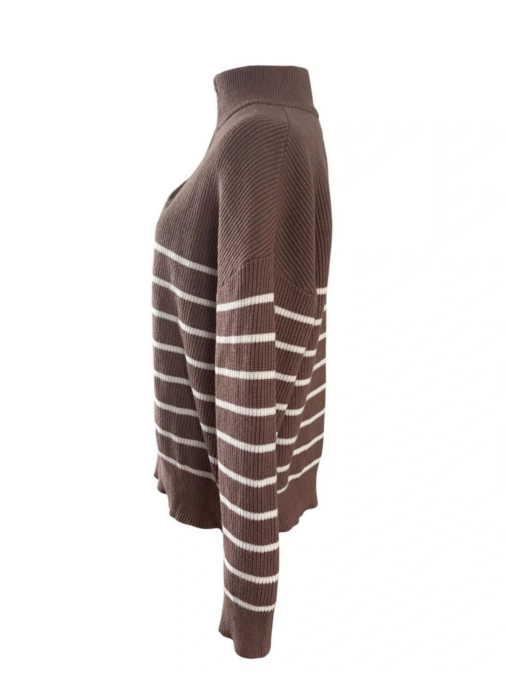 Striped Brown Half‑Zip Cowl Neck Sweater
