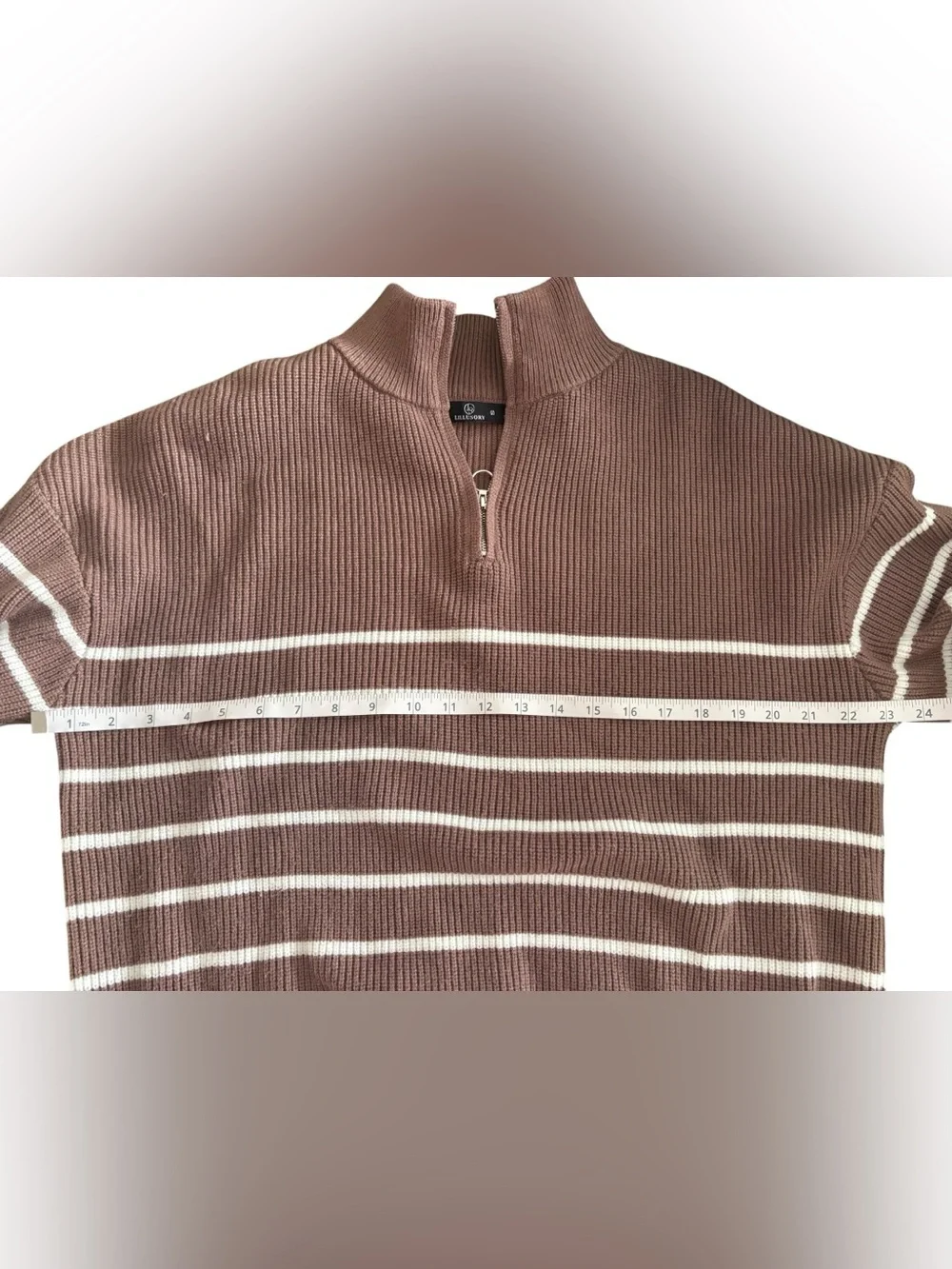 Striped Brown Half‑Zip Cowl Neck Sweater