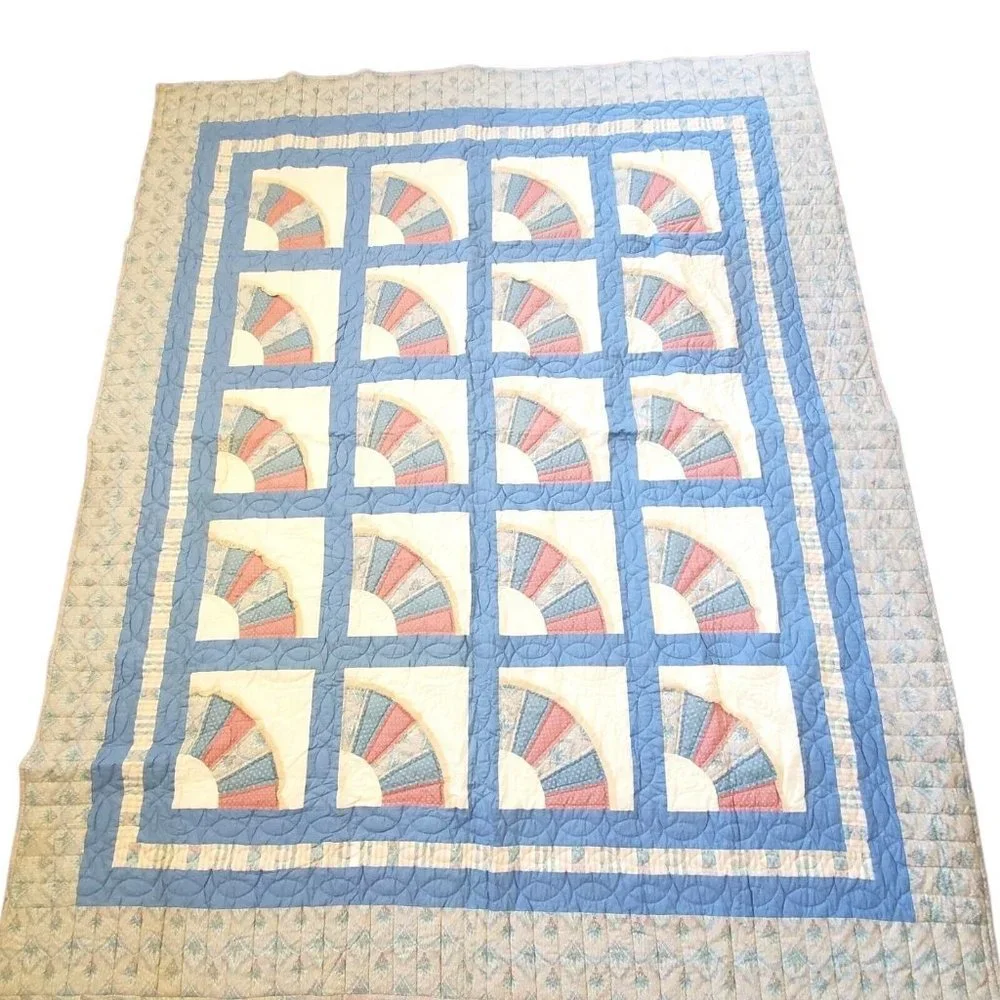 Vintage Grandmother's Fan QUILT Hand Quilted‎ Queen Size Farmhouse Blue Pink