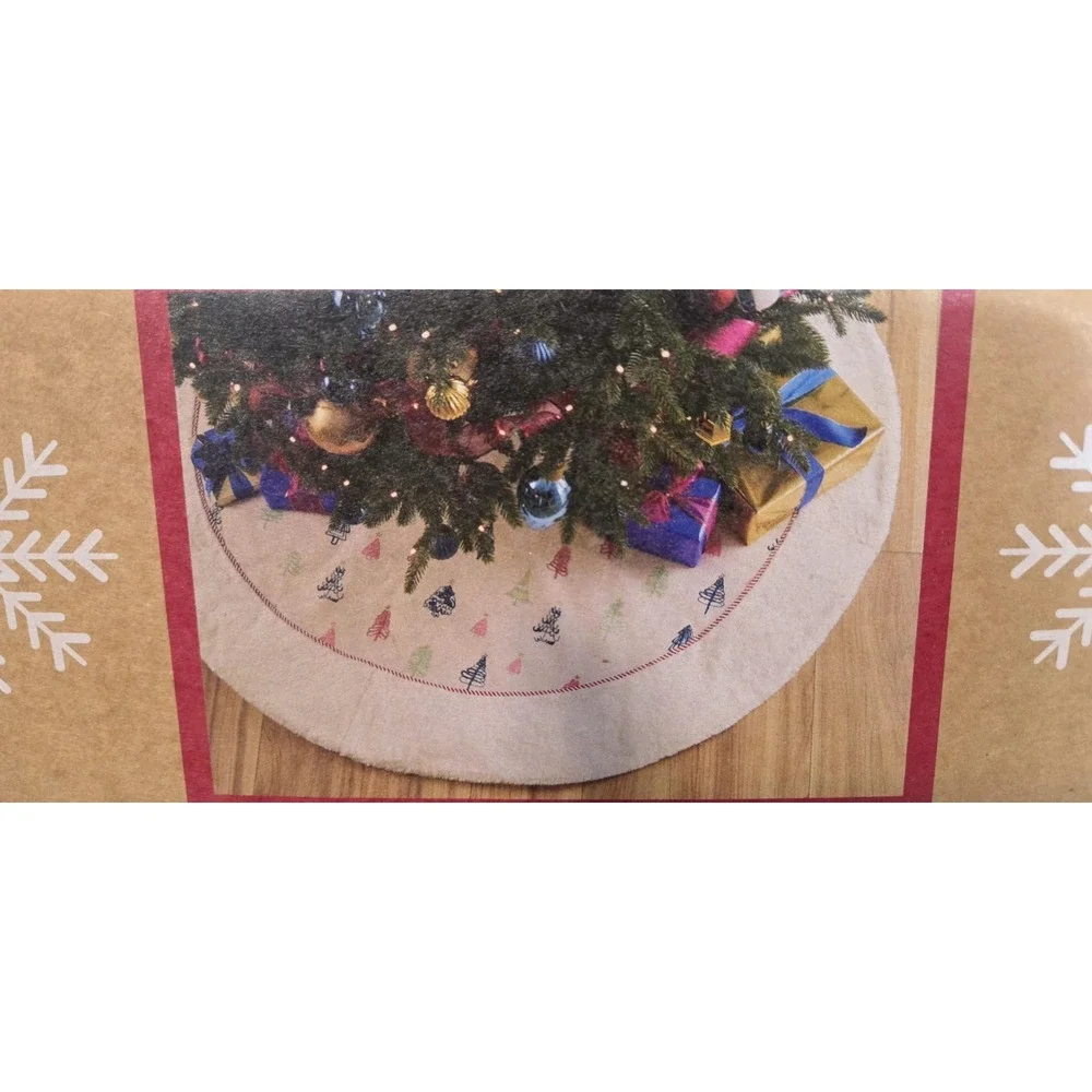 Allen + Roth Christmas Tree Skirt NIB Quaint Tree Design Linen Feel & Fluffy Fur