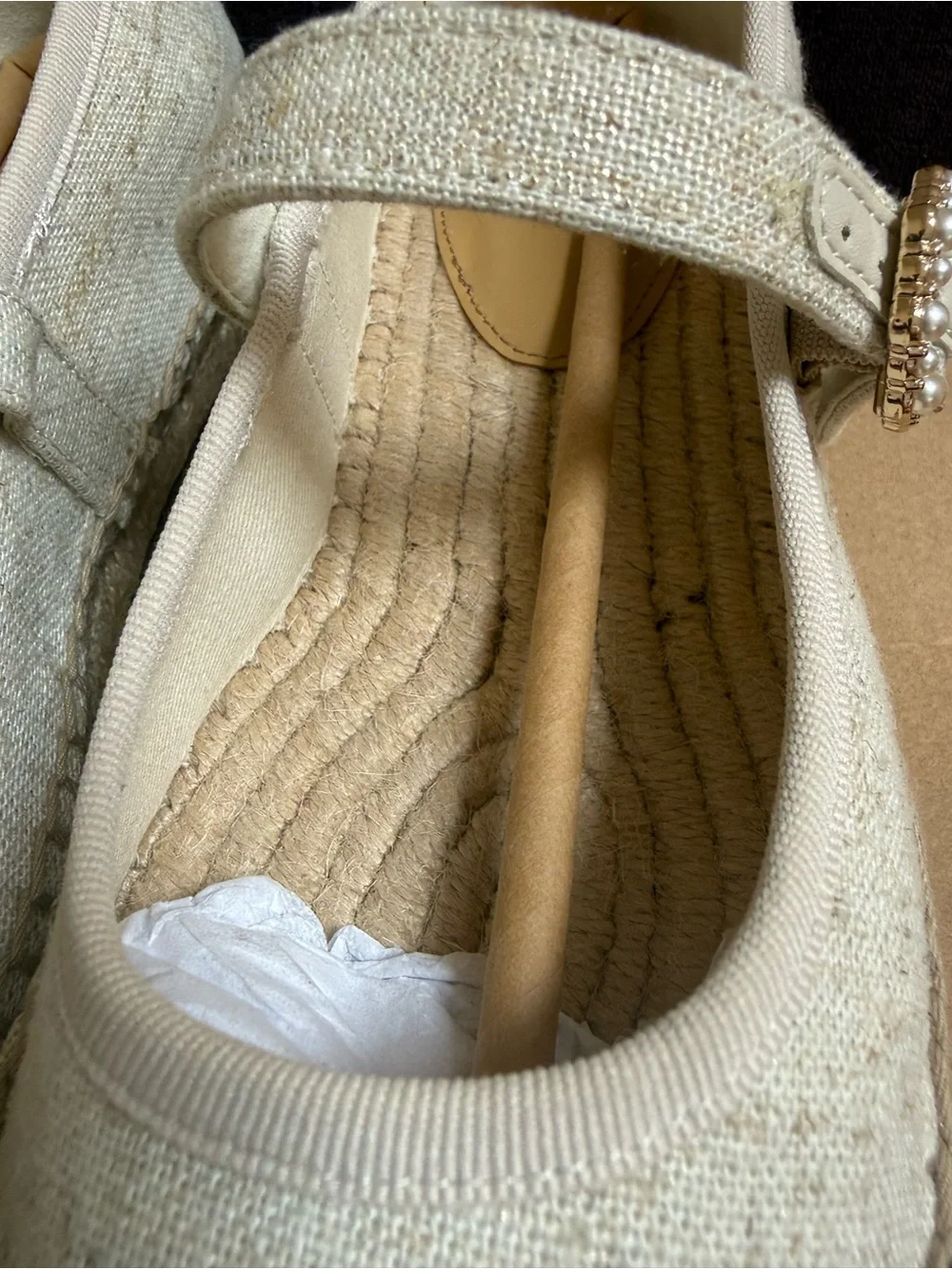 J.Crew Women’s Cream Espadrille Mary Jane Flats with Pearl Buckle size 6