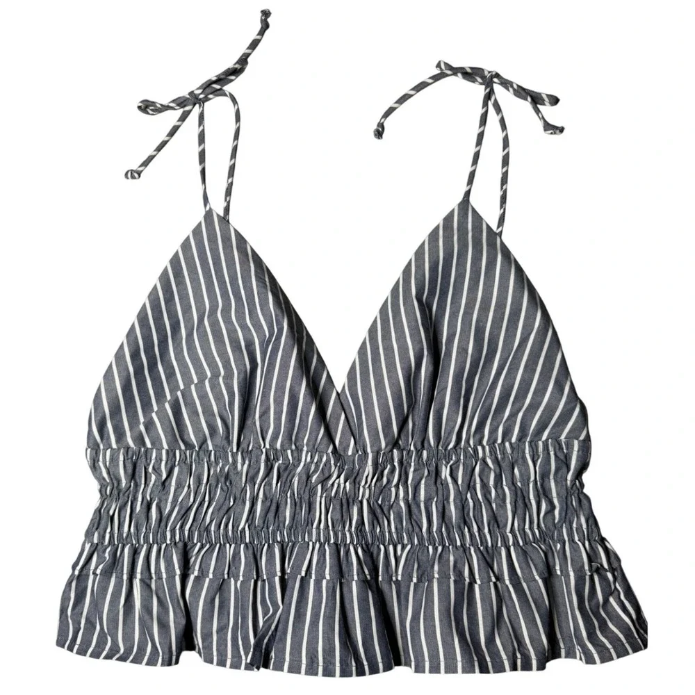 Sim & Sam Grey White Striped Smocked Peplum Halter Top NWT Size L 51216BL