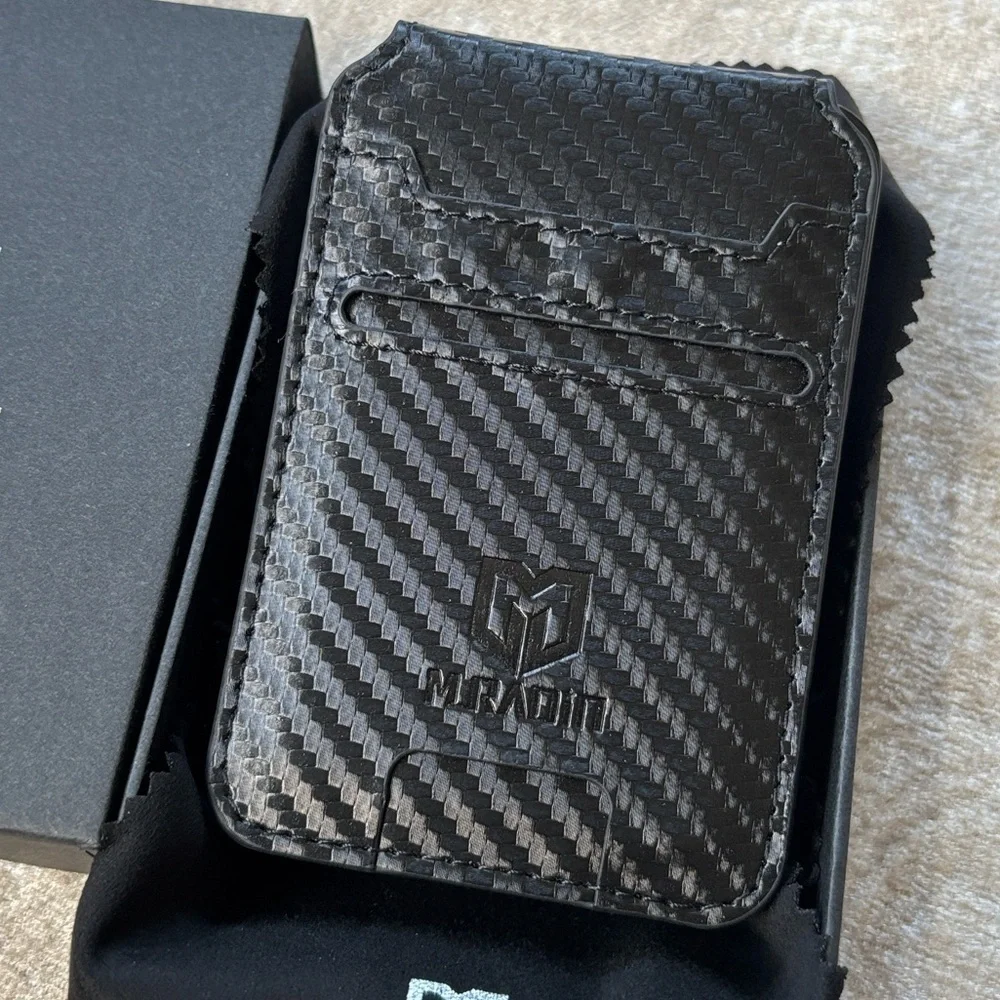 Brand New Muradin Black Carbon Fiber Minimalist Wallet RFID Blocking Card Holder