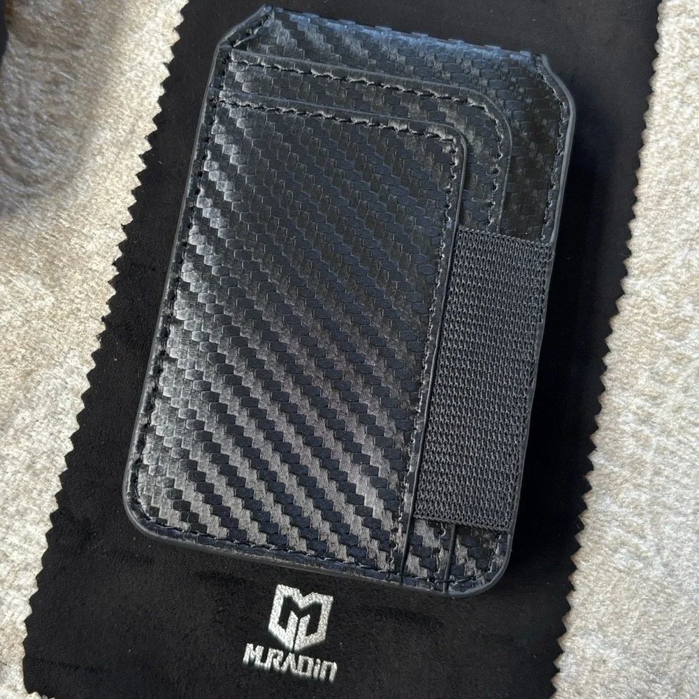 Brand New Muradin Black Carbon Fiber Minimalist Wallet RFID Blocking Card Holder