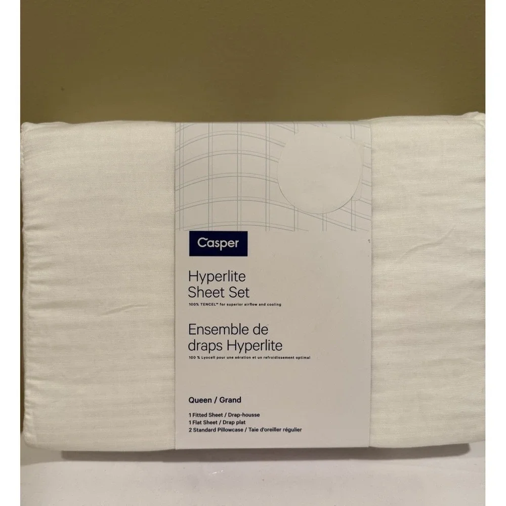Casper Hyperlite Cooling Grid Weave 100% Lyocell WHITE 4pc QUEEN Sheet Set NWT!