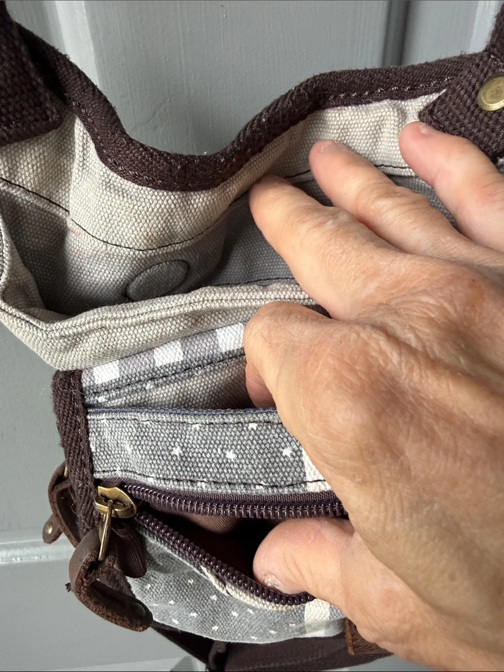Casual Patchwork Crossbody Sling Bag - Brown & Cream