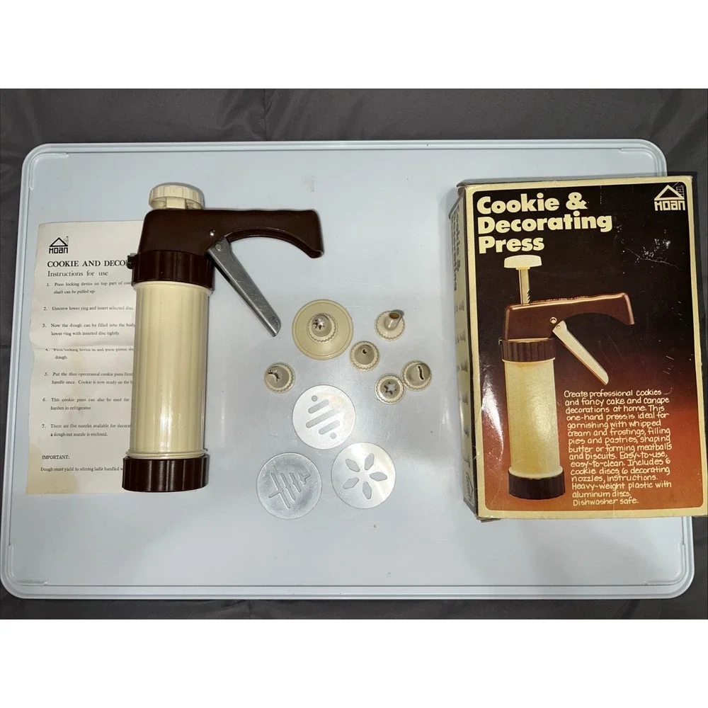 Vintage 1979 Hoan Cookie‎ & Decorating Press 3 Discs & 6 Nozzles Missing Discs