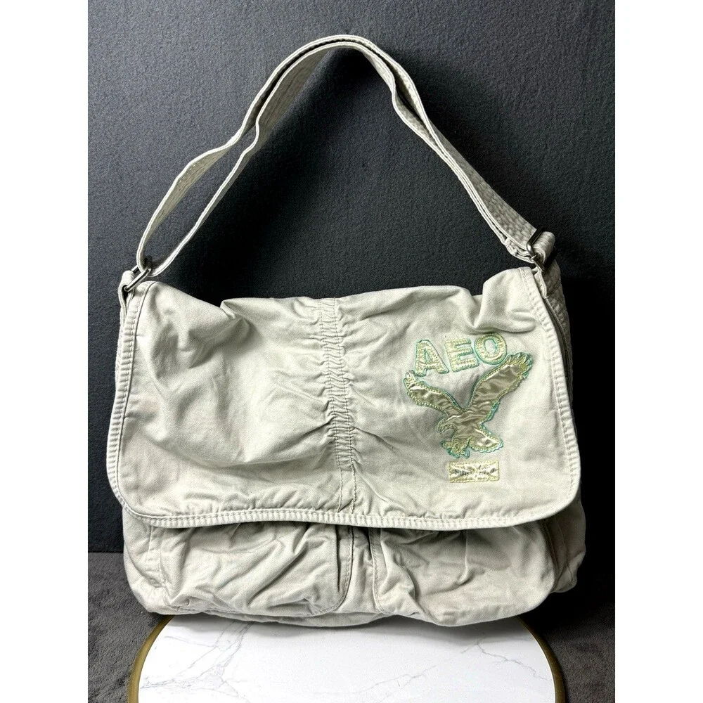 VTG American Eagle Distressed Light Mint Messenger Y2K Bag Canvas Crossbody Flap