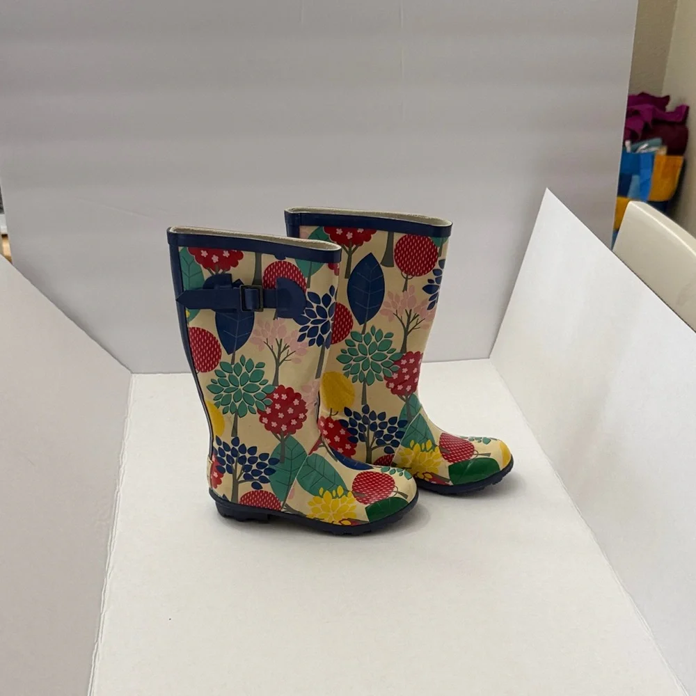 Mini Boden Cream Floral Rain Boots with Red, Yellow & Blue Accents