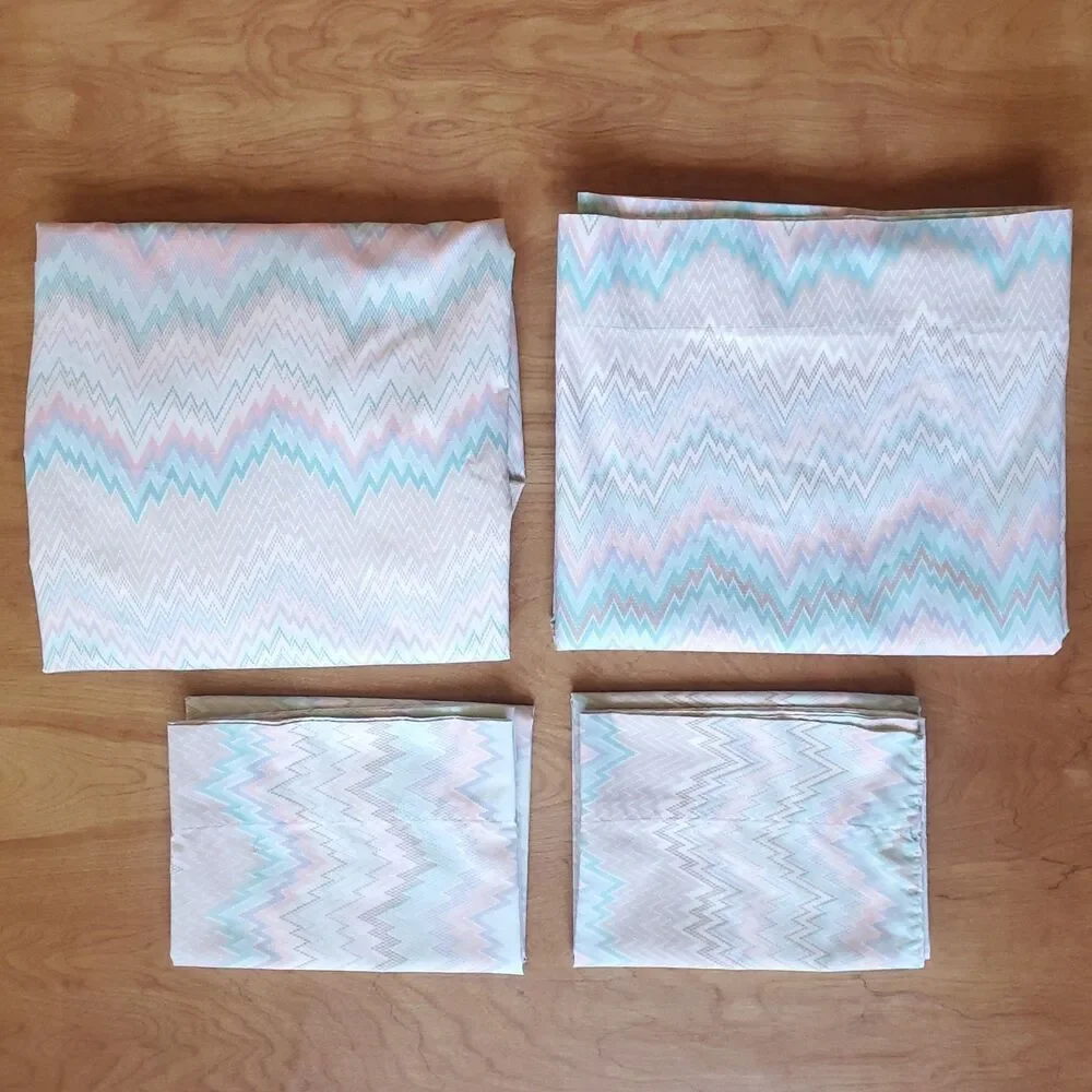 Vintage Martex Full Double Percale Sheet Set Complete 4 Piece Flamestitch Pastel