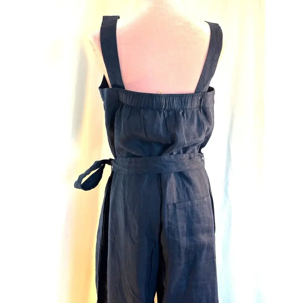 NWT QUINCE Jumpsuit Romper Sleeveless Adj. Straps Pockets Self-Tie Belt Blue S