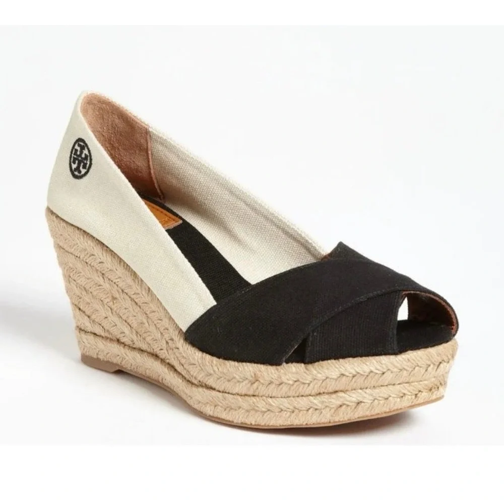 Tory Burch Women's Filipa Espadrille Wedge Canvas Peep Toe Black Cream Size 9