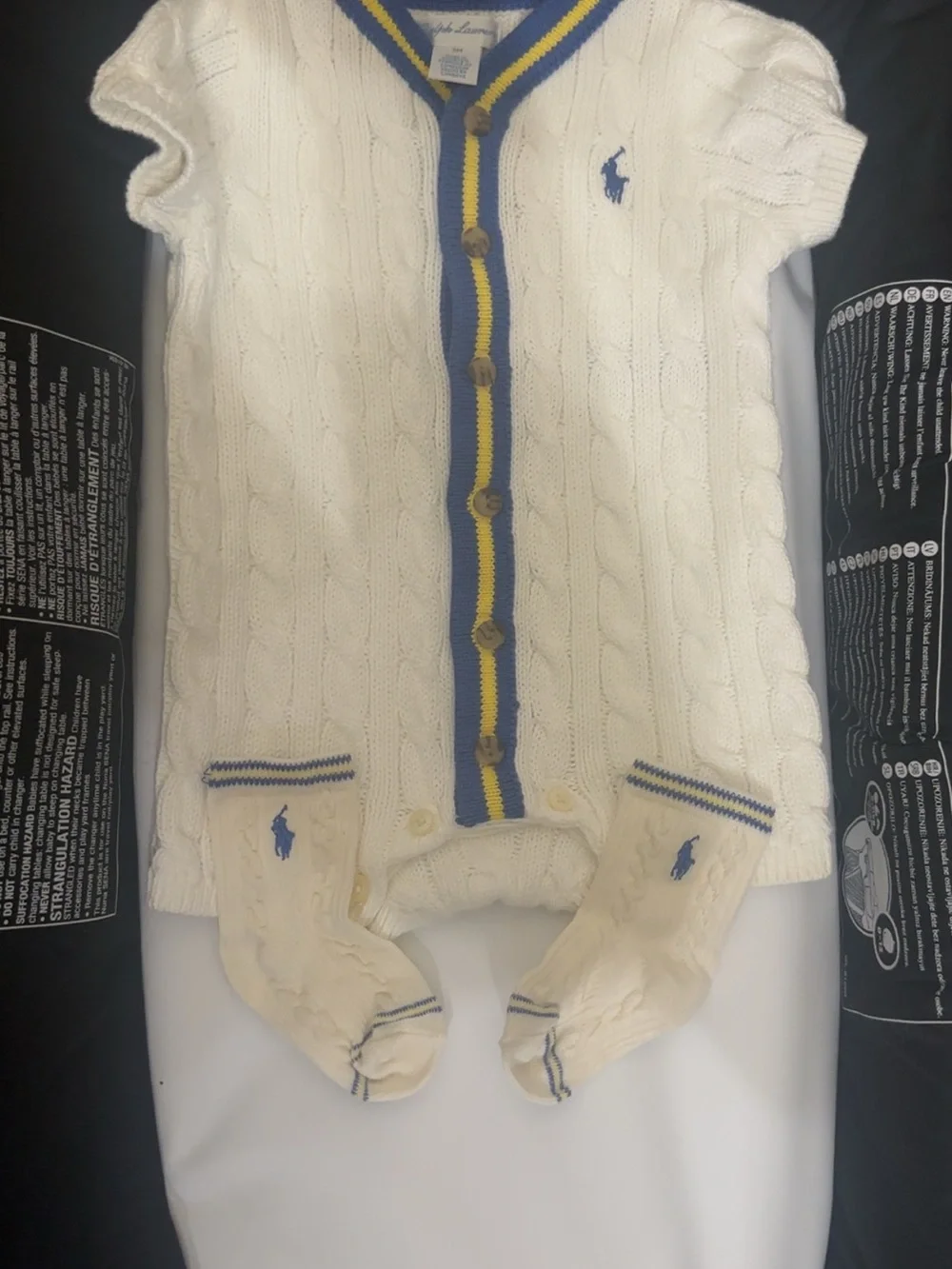 Ralph Lauren Cream Cable Knit Baby Romper with Blue & Yellow Trim (3 month)