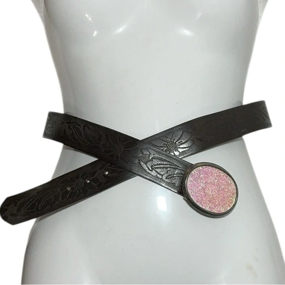 Italian Leather Belt Floral Embossed Western Design Glitter Buckle