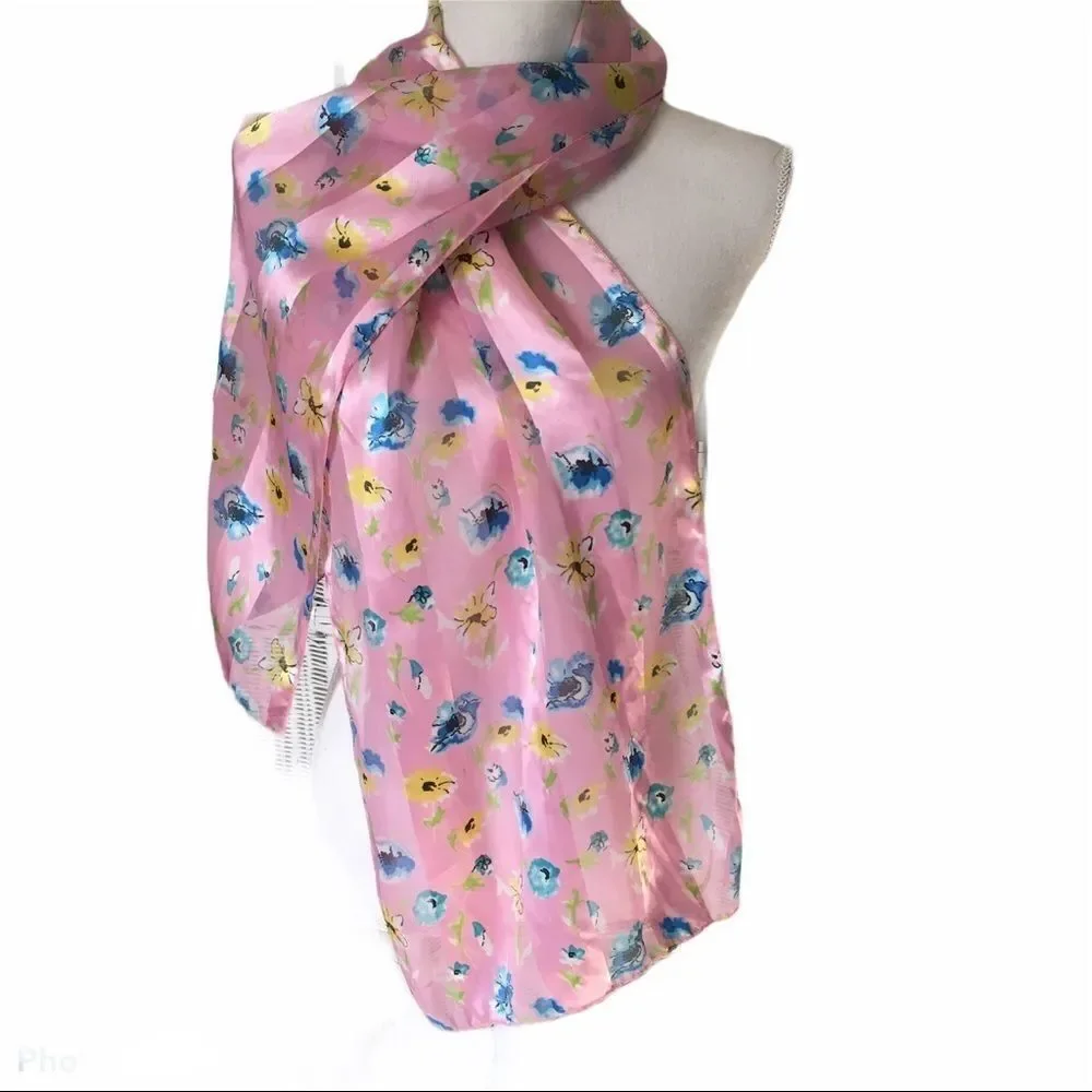 Pink Floral Silky Scarf