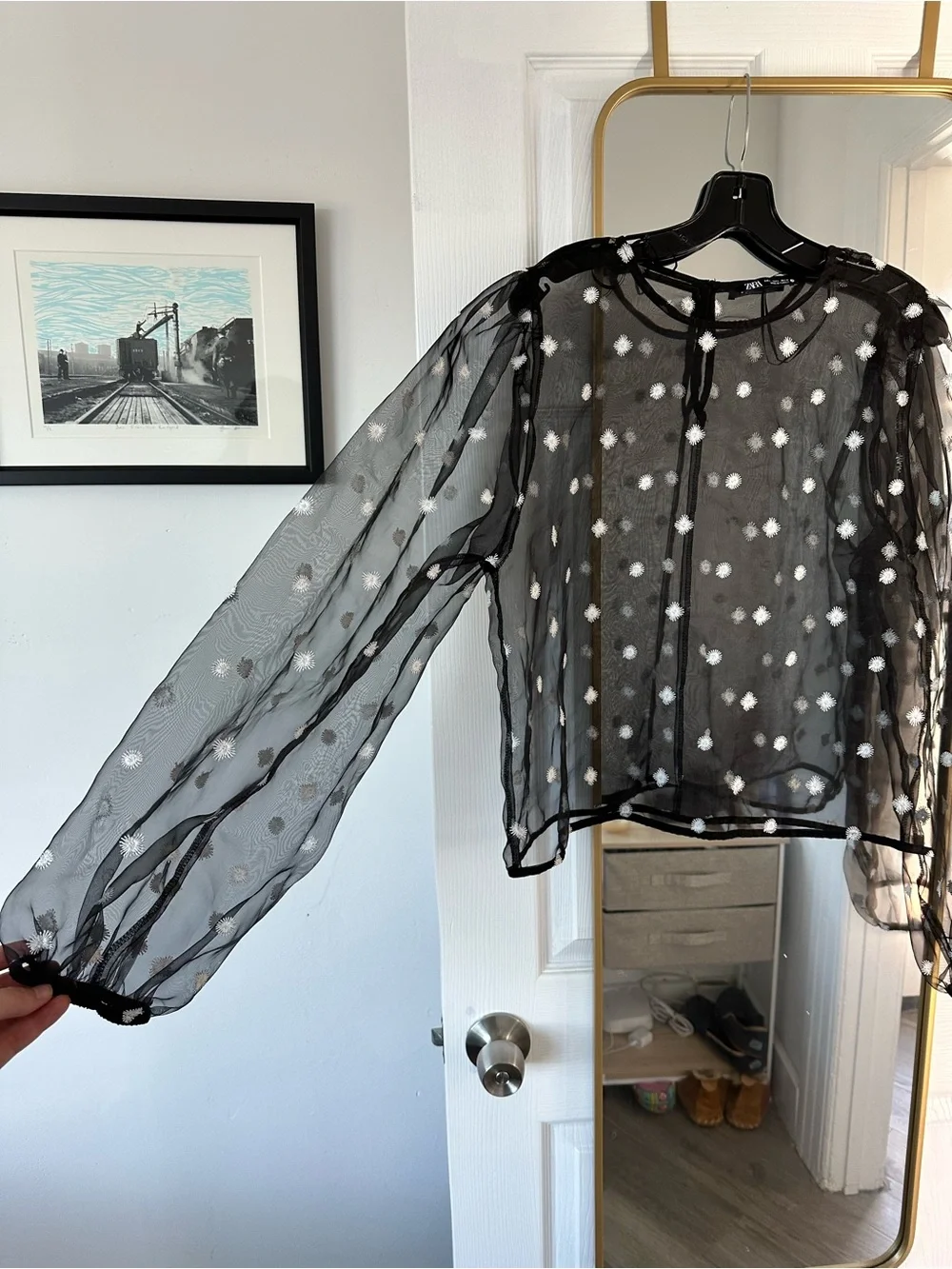 Zara Black Sheer Polka Dot Blouse with White Dots