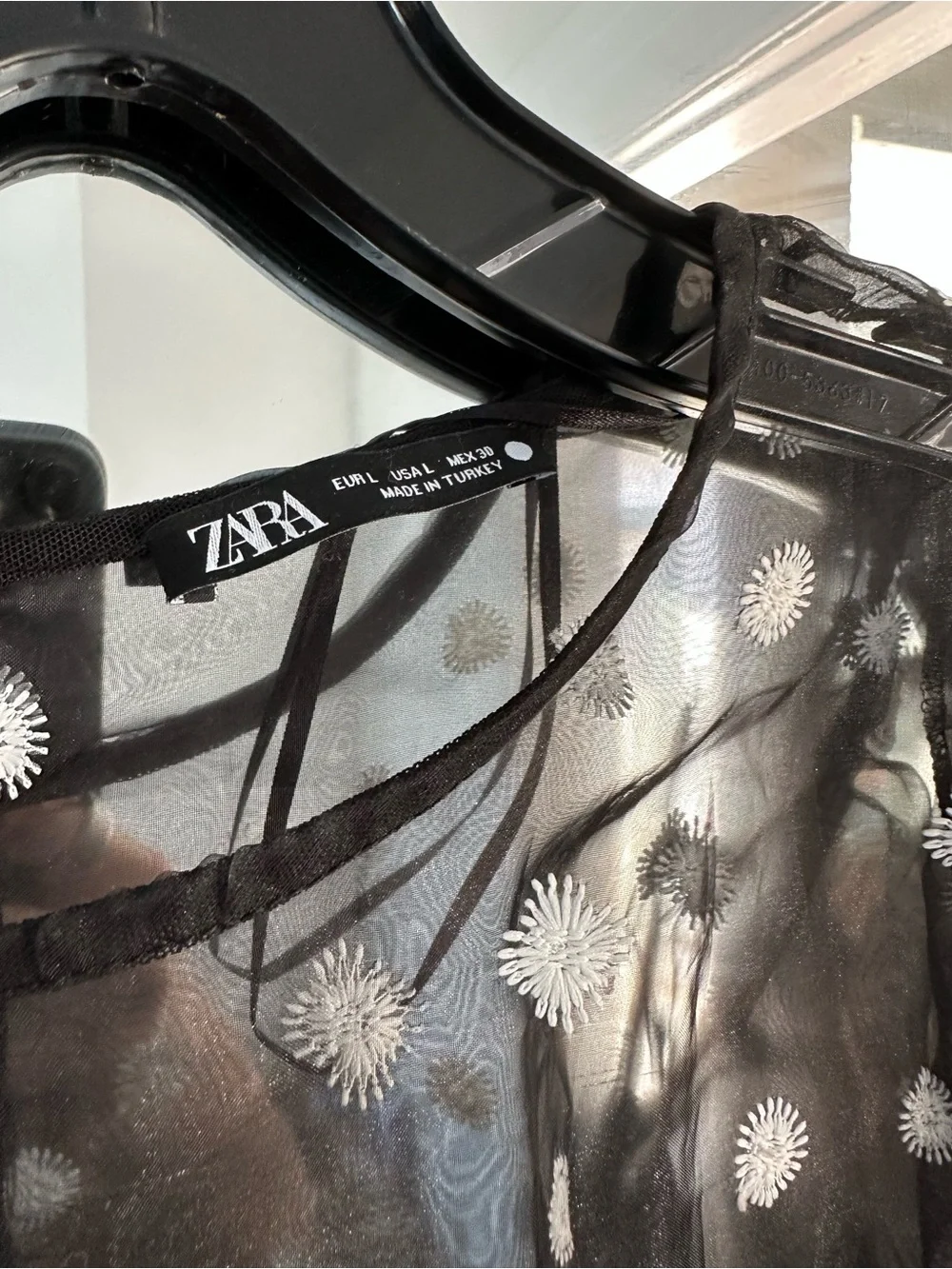 Zara Black Sheer Polka Dot Blouse with White Dots