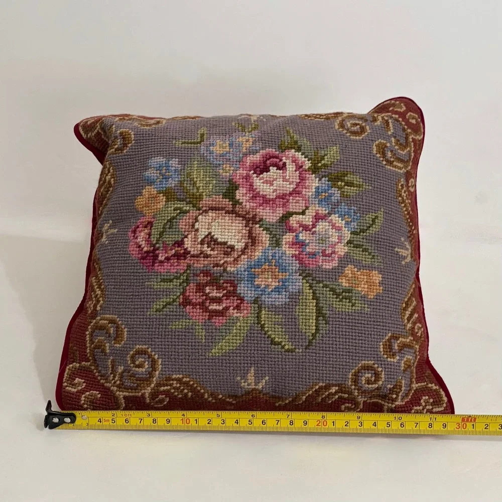 Vintage NEEDLEPOINT Wool Velvet Red Floral Accent Decorative Pillows Home Decor