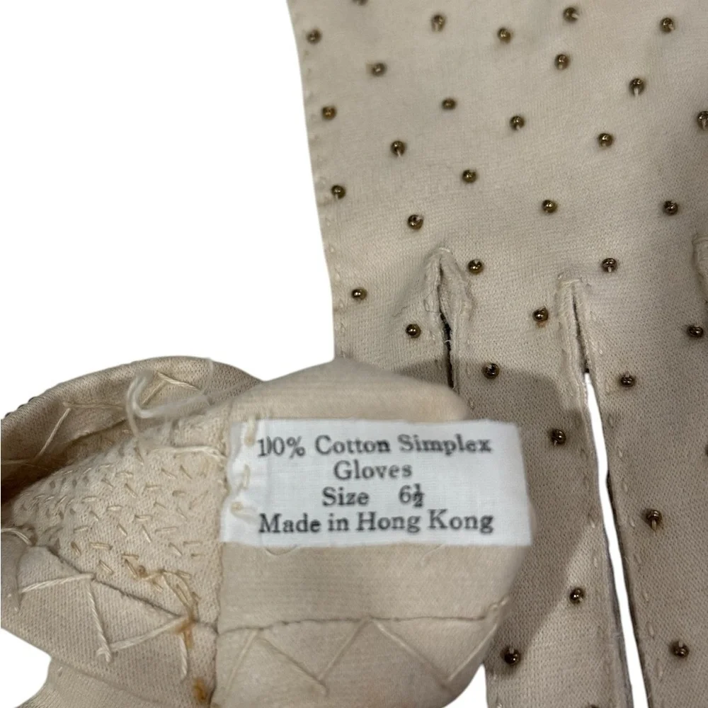 Simplex Vintage Evening Gloves Size 6 1/2 With Gold Beading at cuff Off White