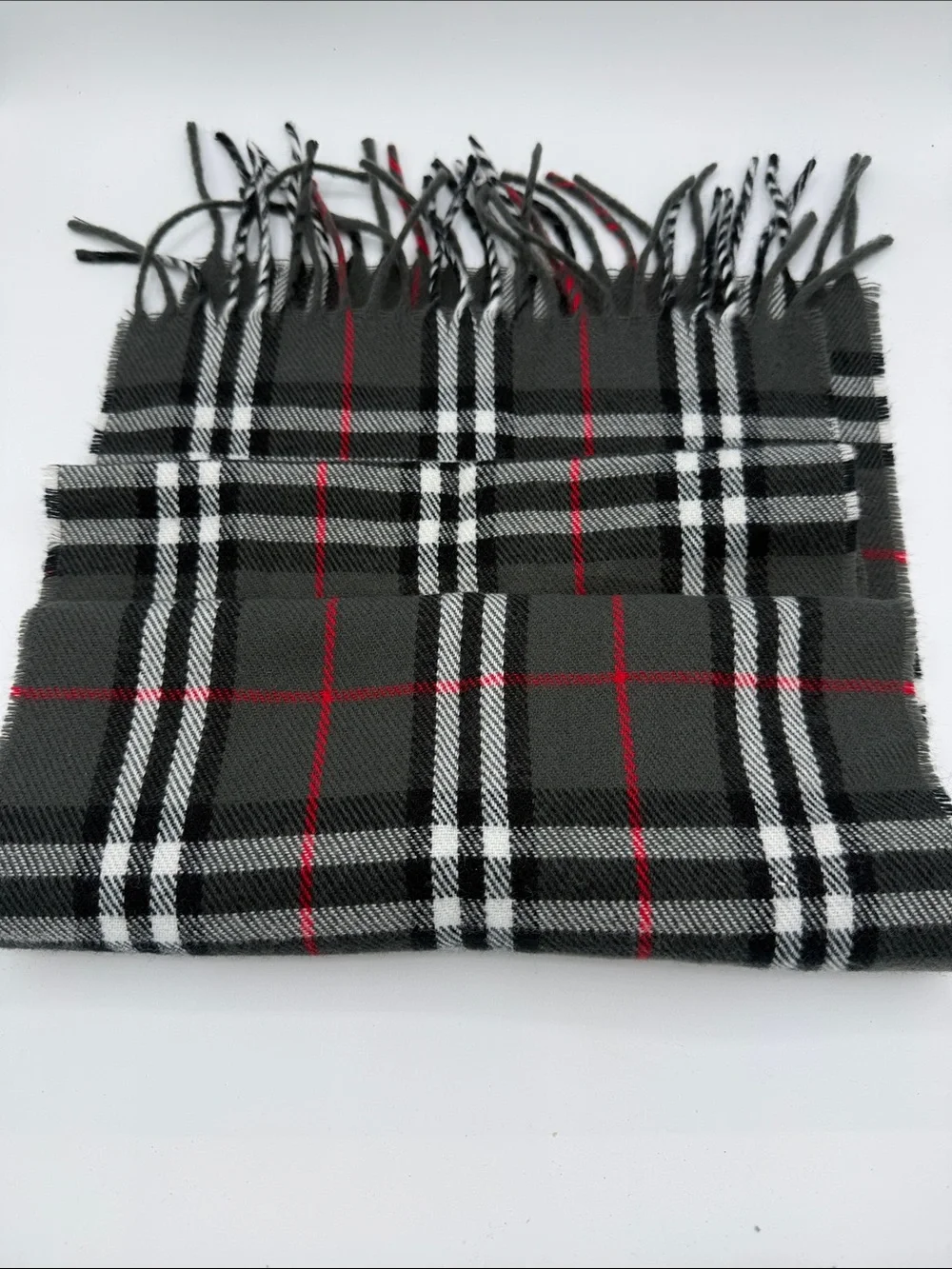 Burberry's of London | Vintage Dark Gray Plaid Lambswool Scarf with Red Accents