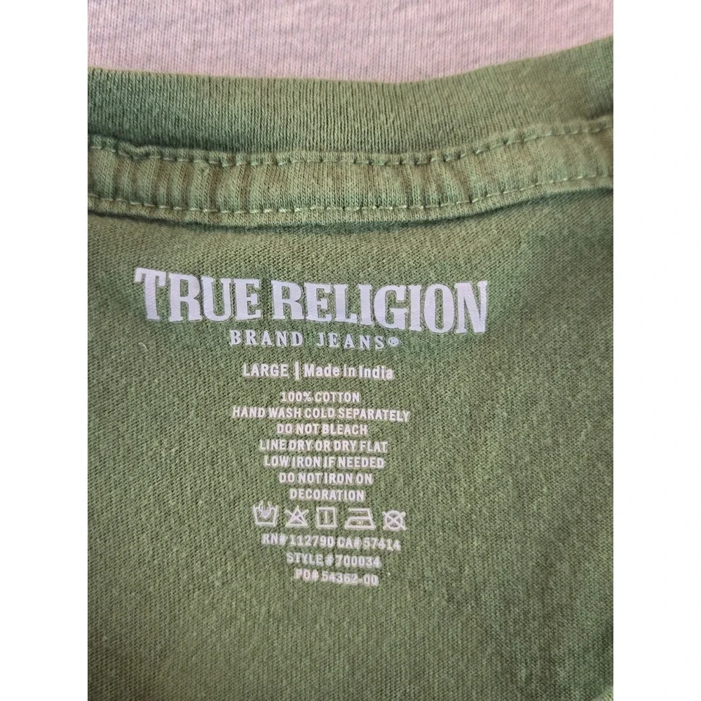 True Religion Graphic T-Shirt Mens L Green Buddha Horseshoe Logo Short Sleeve