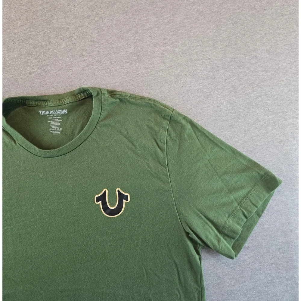 True Religion Graphic T-Shirt Mens L Green Buddha Horseshoe Logo Short Sleeve