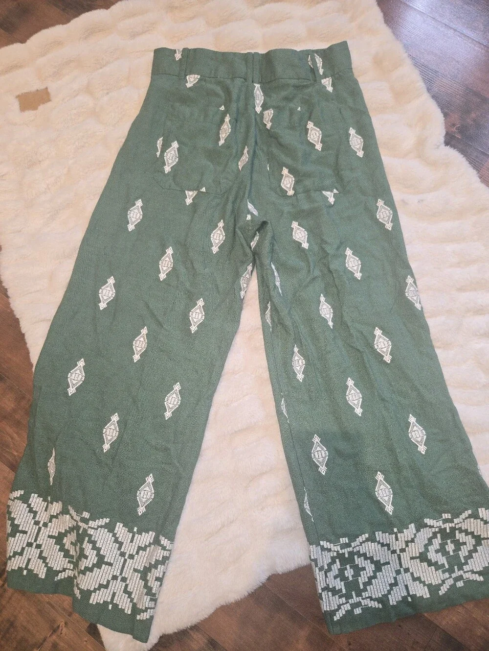 Zara Linen Green Embroidered Wide-Leg Resort [Medium] Pants Beach Tropical
