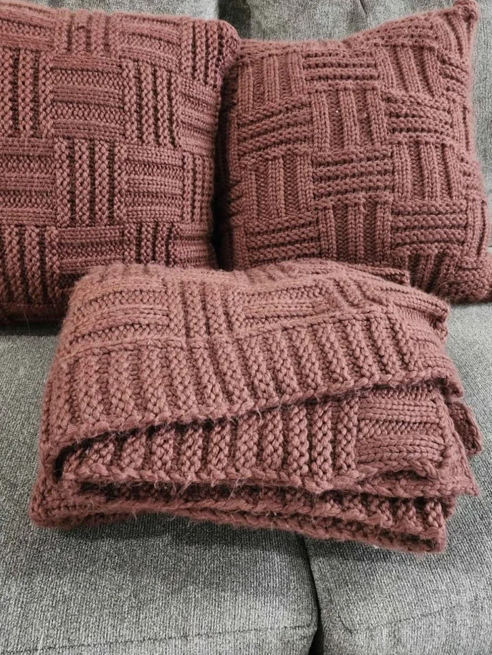Threshold Matching Burguny Basket Weave Pillows & Throw Blanket