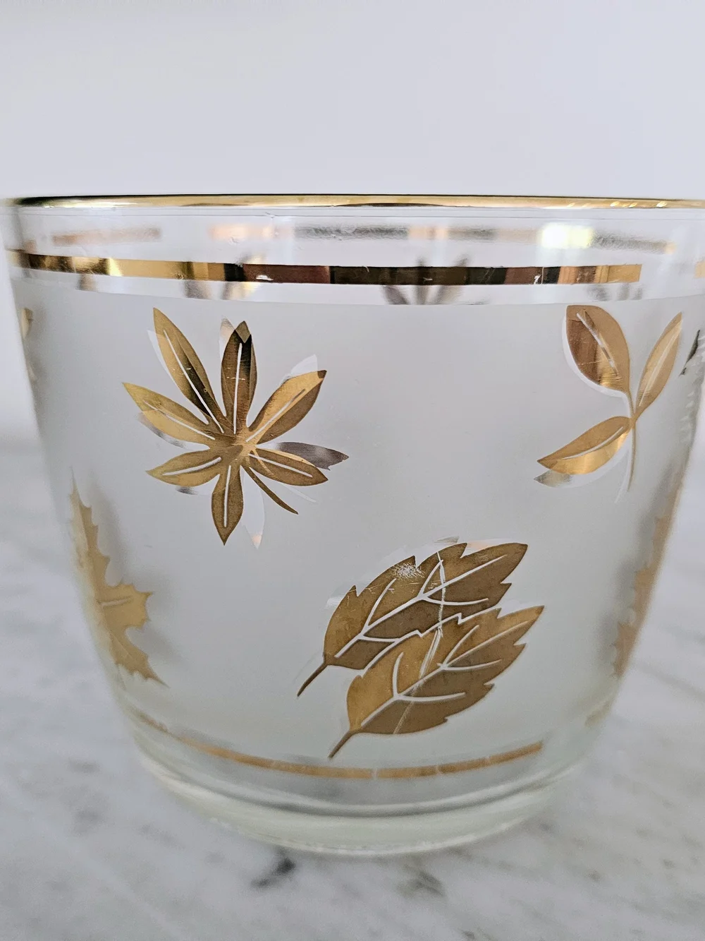 Vintage Libbey Gold Leaf Ice Bucket Frosted Glass Barware Mid Century