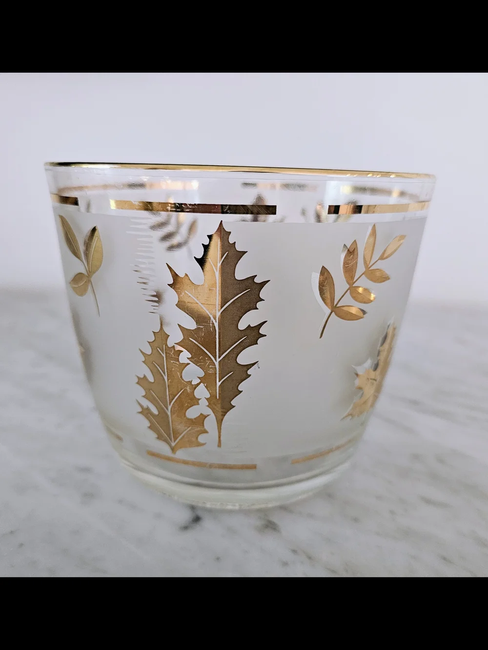 Vintage Libbey Gold Leaf Ice Bucket Frosted Glass Barware Mid Century