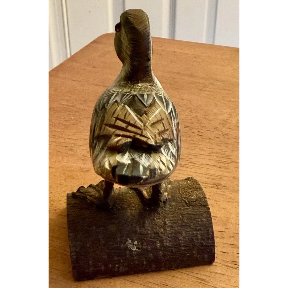 VINTAGE HAND Carved & Painted Wooden Hen Pintail Decoy Statute ON LOG 4