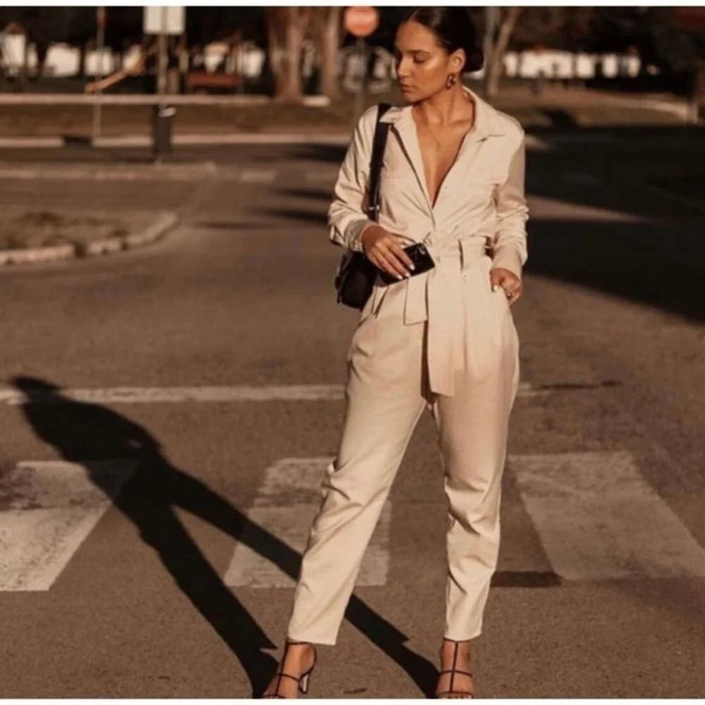 ZARA linen blend belted long sleeve jumpsuit 2157/057 A5