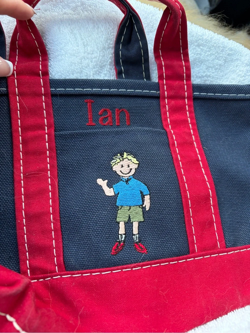 L.L. Bean Navy and Red Personalized “Ian” mini Boat & Tote with Boy Embroidery